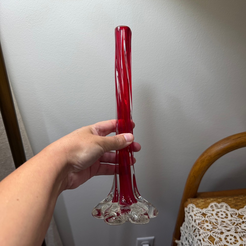 Vintage Red Twisted Glass Vase Orange Ring Glow Elephant Foot Mid Century